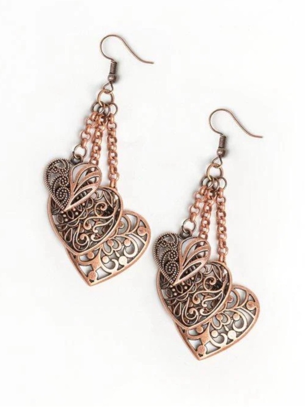 Vintage Copper Filigree Cascading Heart Chandelier Boho Earrings